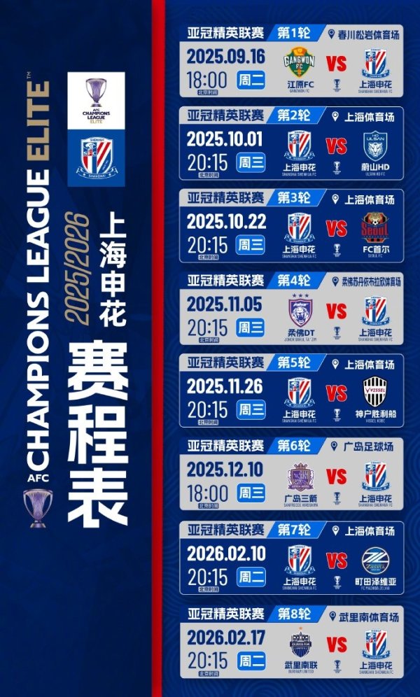 2025/2026亚冠精英职业联赛  上海申花赛程表