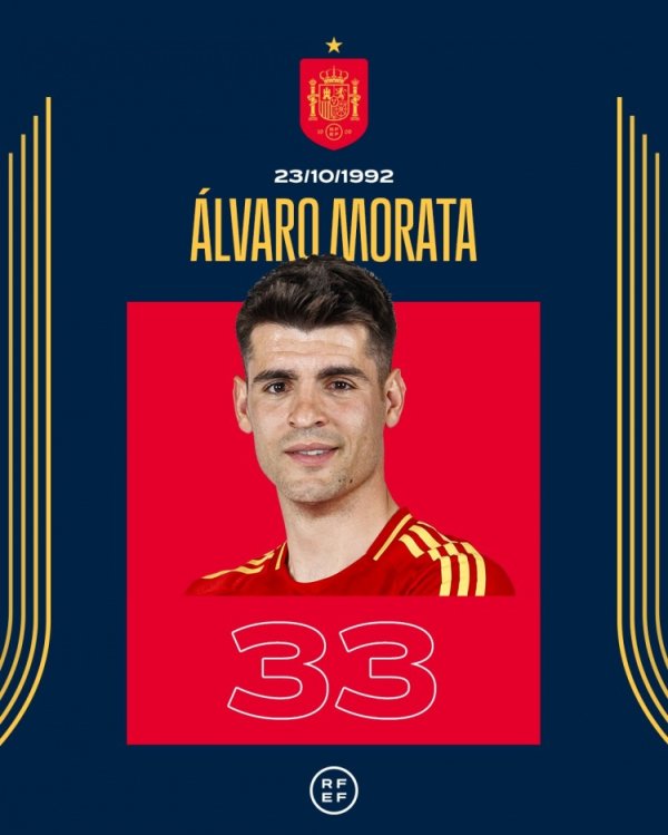 西班牙队祝莫拉塔33岁生日快乐，球员国家队出战87场37球8