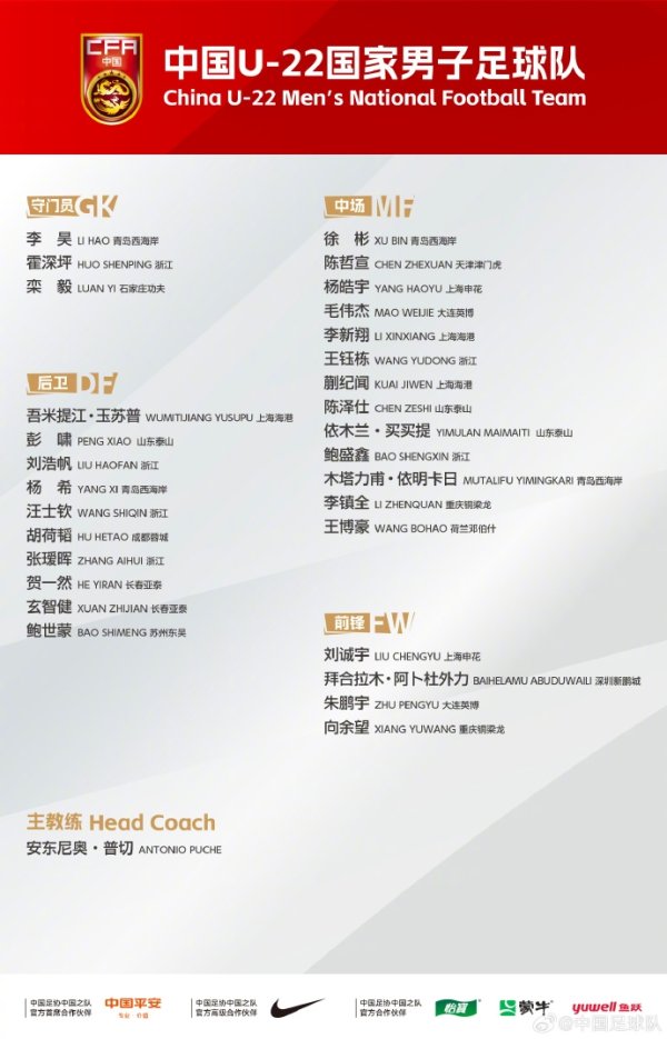 中国U22男足定于11月9日至19日赴成都市组织集训并参加熊